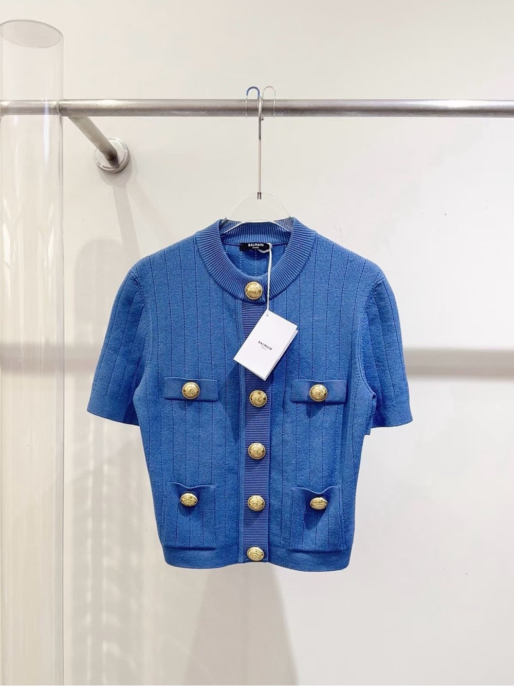 Balmain Blue Knit Top with Black Label